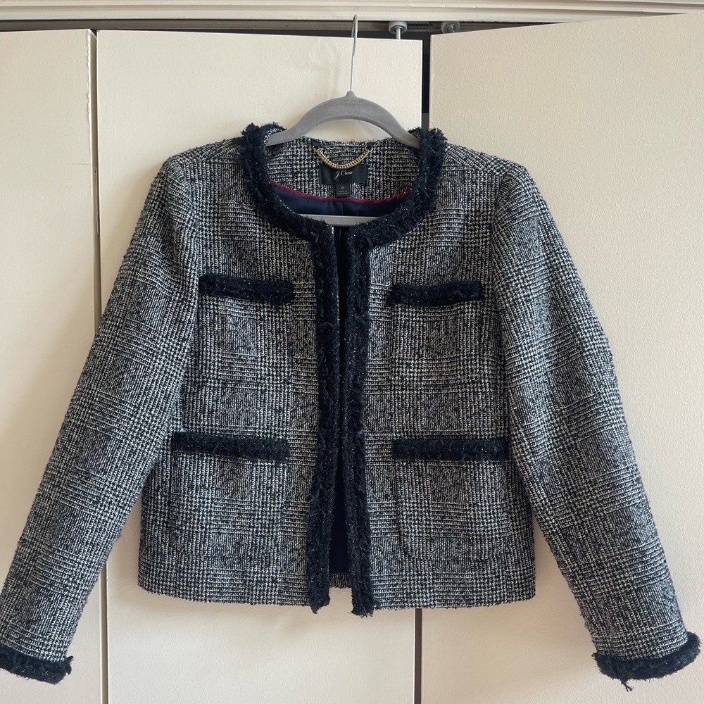 J. Crew Women’s Glen Plaid Braided Trim Tweed Jacket, EUC